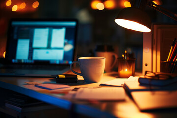 Office desk at night illuminated by lamp and featuring coffee mugs, notepad, laptop