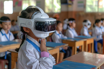 AI acting as a school teacher teaches kids in the school located in virtual reality