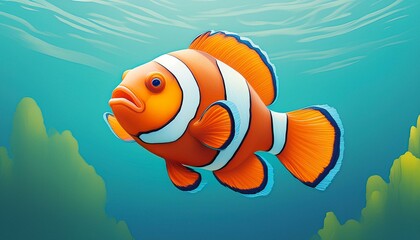 A bright clownfish swimming in clear water, with a smooth, light teal background.
