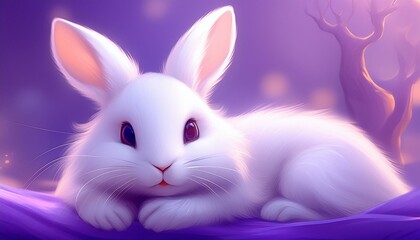 Fototapeta premium A fluffy white rabbit lying down, ears perked up and eyes wide. The background is a smooth