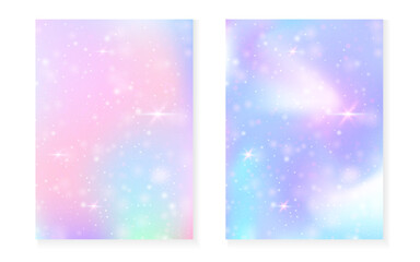 Fototapeta premium Princess background with kawaii rainbow gradient. Magic unicorn hologram. Holographic fairy set. Mystical fantasy cover. Princess background with sparkles and stars for cute girl party invitation.