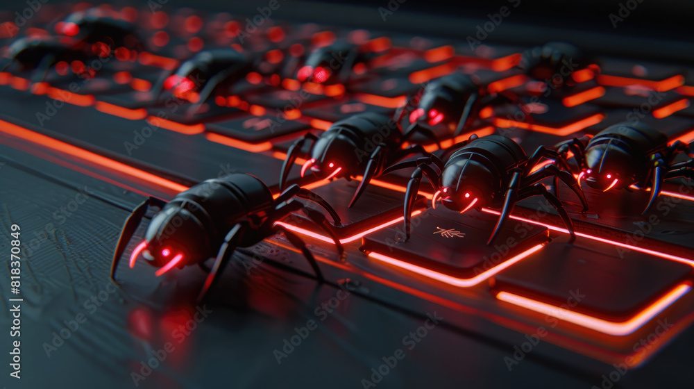 Aufkleber robotic insects with glowing red lights crawl over the keys of a brightly illuminated mechanical key
