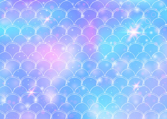 Princess mermaid background with kawaii rainbow scales pattern. Fish tail banner with magic sparkles and stars. Sea fantasy invitation for girlie party. Multicolor princess mermaid backdrop.