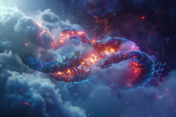 An electrified DNA strand floats amidst vibrant, glowing clouds and lightning in a stormy night sky, creating a surreal and visually stunning scene