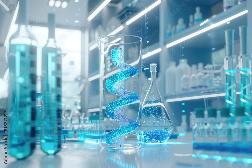 Poster a science lab is filled with numerous containers holding blue liquids, creating a striking visual of