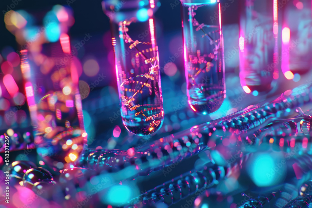 Poster a collection of test tubes containing various colored liquids, arranged neatly in rows on a laborato