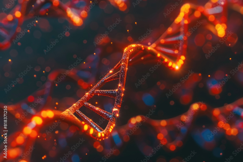 Poster glowing red dna strands are magnified in a dark laboratory background, highlighting their intricate 