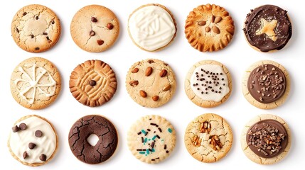 Collection of round cookie cookies biscuit, classic and nut set, on white background cutout file. Many assorted different design. Mockup template for artwork design