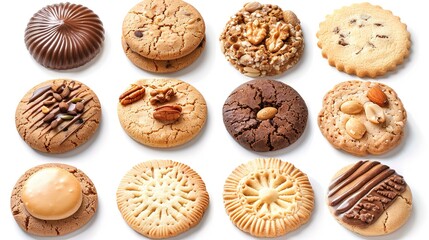 Collection of round cookie cookies biscuit, classic and nut set, on white background cutout file. Many assorted different design. Mockup template for artwork design