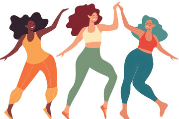 Three women are joyfully dancing together, their smiles radiating happiness and camaraderie as they move gracefully in sync