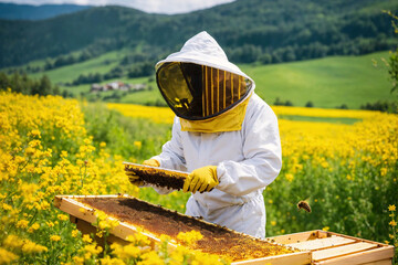 Beekeeper in a protective suit taking honeycomb with bee from hive. Beekeeping in the blooming summer highlands.