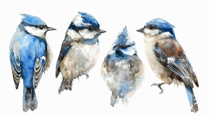 set various small winter birds on a branch of watercolors on white background	
