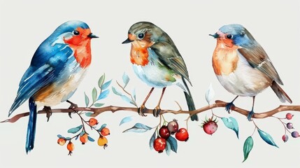 set various small winter birds on a branch of watercolors on white background	