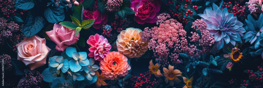 Poster a collection of colorful flowers arranged on a wall, creating a vibrant display