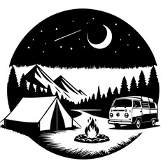 Outdoor Camping Scene with Tent, Van and Fire in Wilderness and Mountains Under Night Sky 