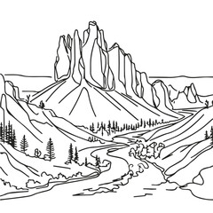 Outdoor mountain landscape illustration minimal line drawing of Canyon and rivers