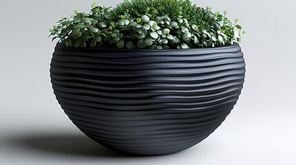Create a photorealistic render of a black textured planter with mixed foliage