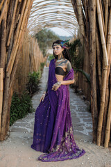 Fototapeta premium A woman in a purple saree is standing under a wooden archway