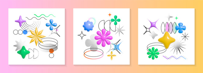 Vector graphic mixed media backgrounds with bold 3d objects,pixel shapes,linear elements.8bit abstract 90s style illustrations. Trendy design elements for prints,flyers,banners,brochures,branding.