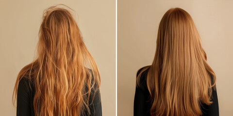 Woman before and after hair treatment, back view. Collage showing damaged and healthy hair.