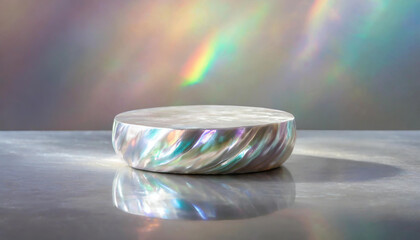 Silver-plated cylindrical podium with iridescent light reflections. Central platform on silver background with multicolored sparkling lights for selling products.