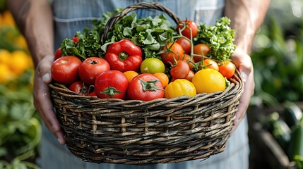 A farmer holds a basket full of fresh, organic vegetables