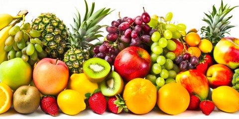 An assortment of fresh, vibrant fruits including pineapples, grapes, apples, and kiwis, arranged against a white background, conveying health and vitality.