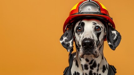 A Dalmatian dog wearing a firefighter helmet poster with copy space