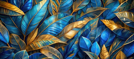 A grunge-style golden leaves banner on a tree branch on a blue background with a turquoise texture. The cold and golden colors of nature, the floral background. Autumn, artistic painting
