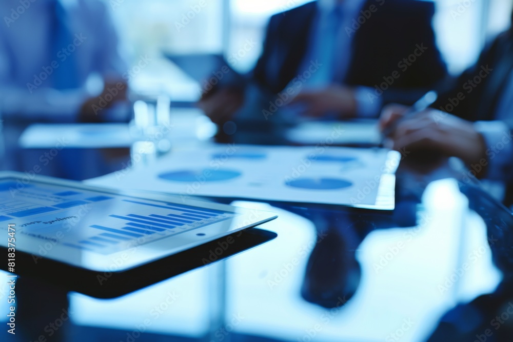 Poster close-up image of a business meeting with professionals using digital tablet with statistical data a
