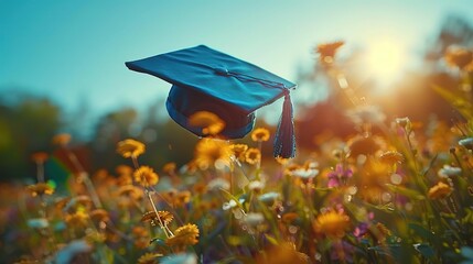 A blue graduation cap is thrown in the air in a field of flowers