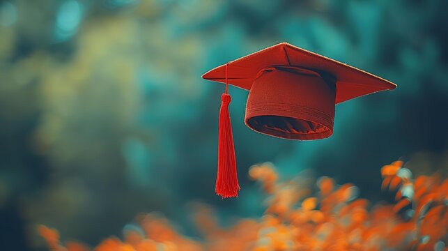 A red graduation cap is thrown in the air in celebration.