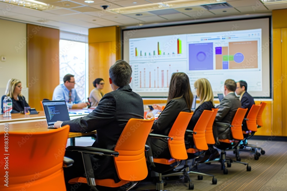 Poster professional team in a meeting room engaging with digital data analytics on screens discussing graph