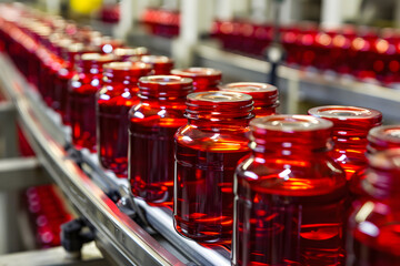 Red glass jars on production line
