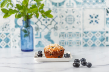 Blueberry Muffin on a White Plate on White Kitchen Counter with Blueberries Scattered Around
