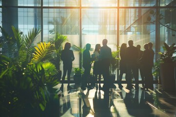 Group of professionals gathered for a meeting in an office with abundant plant life and a view of the outdoors
