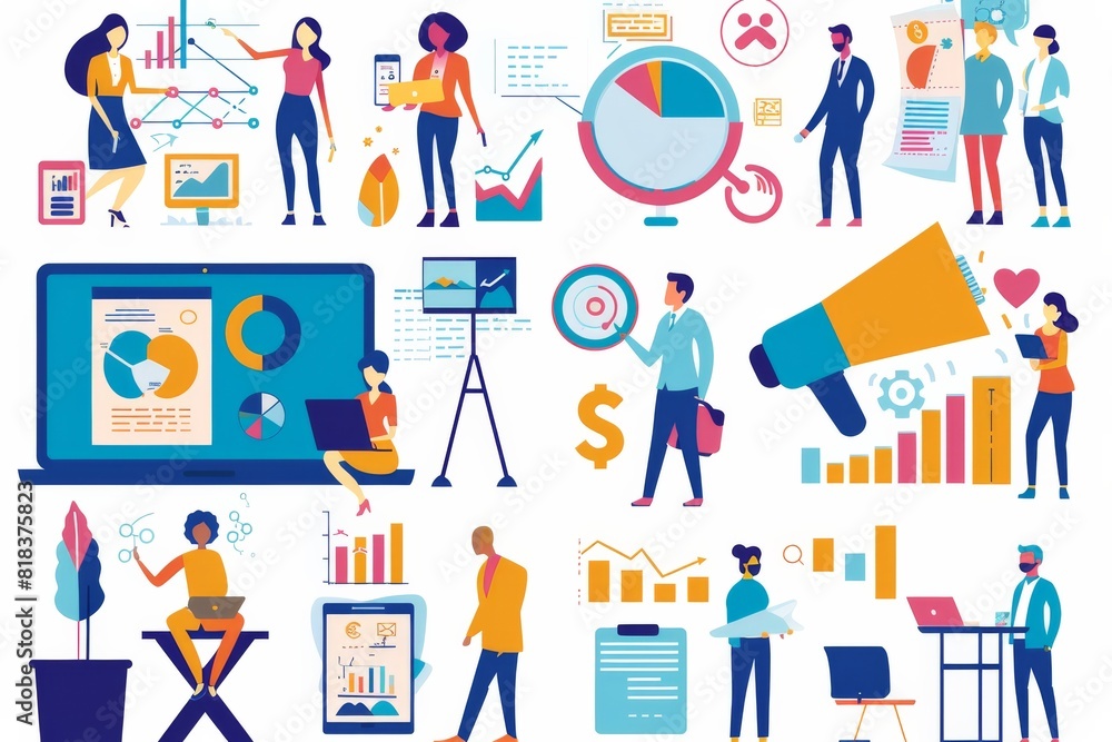 Poster a set of flat design illustrations with people engaged in work environments and analyzing data