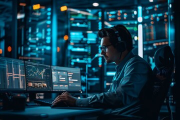 A focused data analyst monitors complex data on multiple screens in a high-tech server room with neon lights