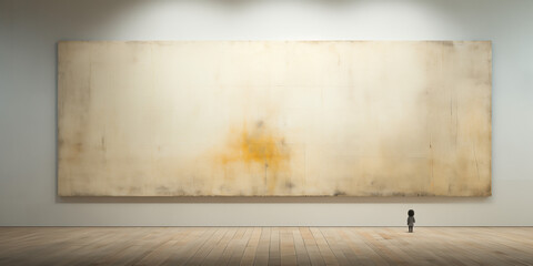 A high-resolution photograph of an empty room with a child-like abstract painting, featuring a minimalist background and rich textures.