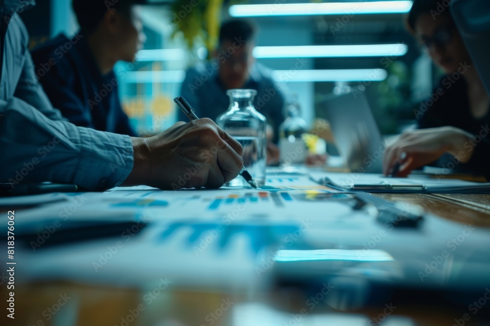 Poster low key image of a business team working and discussing over papers in a dark room with a focus on h