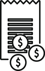 Line drawing icon illustrating a financial document with coin symbols, indicating budget or investment themes