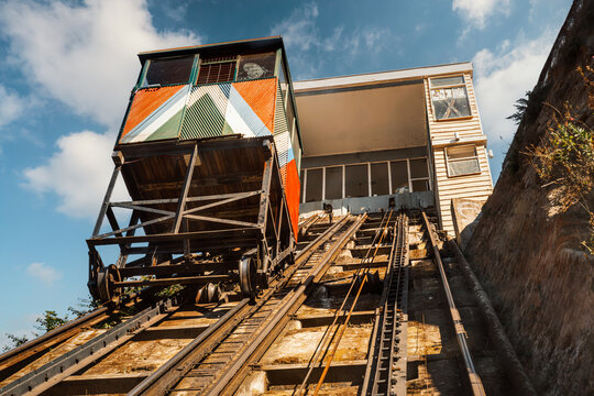 Queen Victoria Funicular (Ascensor Reina Victoria), Valparaiso, Chile, as one of the cabins moves up the steep hill. Elevators are a notable part of the city's cultural and industrial heritage.