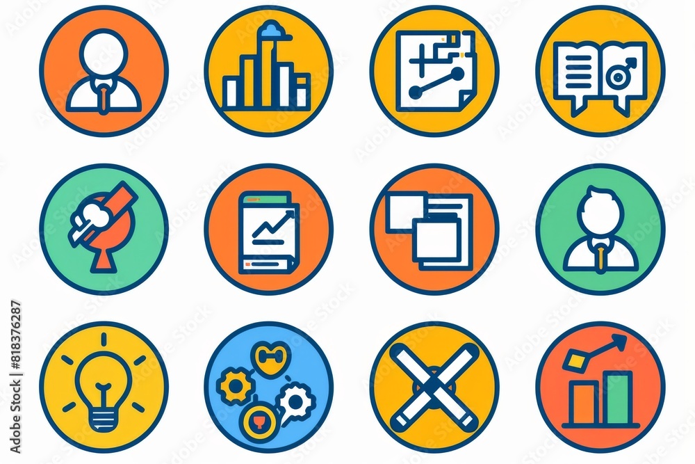 Poster a vibrant collection of circular icons representing different aspects of business and management