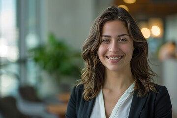 Fototapeta premium Portrait of a professional woman with a friendly smile confidently standing, embodying empowerment