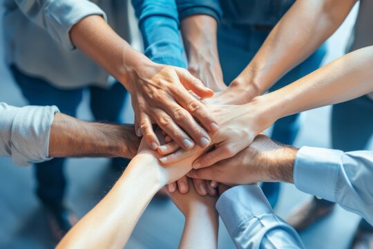 Corporate team members joining hands together in a show of unity and cooperation, with a focus on the touching hands