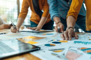 Close-up shot captures a business team analyzing and discussing various business documents, emphasizing collaboration