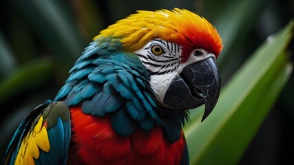 close-up guacamayo tropical en la naturaleza, loro with plumas hermosas con fondo negro, ave tropical con plumas de colores aislado