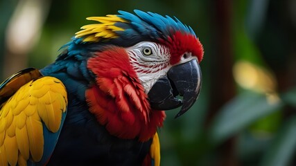 close-up guacamayo tropical en la naturaleza, loro with plumas hermosas con fondo negro, ave tropical con plumas de colores aislado