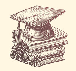 Graduation cap on stack of books. Education and studies concept. Clipart sketch drawing