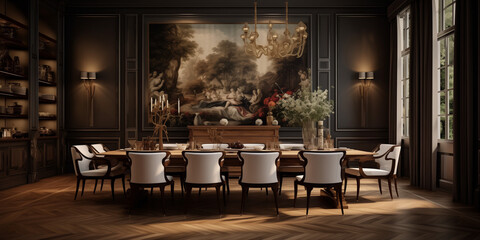A realistic 3D art image of a dining room, focusing on a grand design table and the luxurious ambiance of the space.